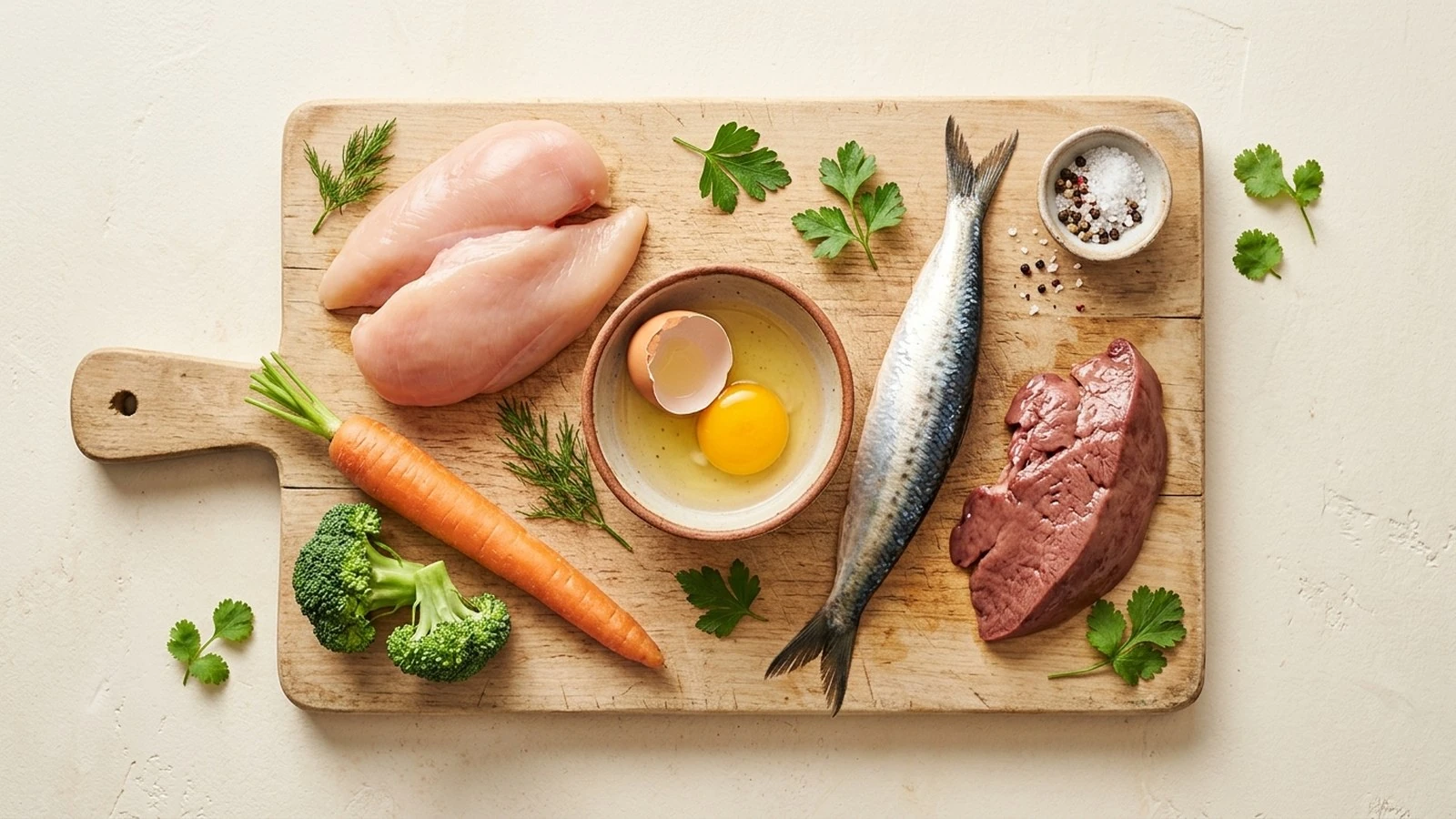 Ingredientes frescos y crudos —pechuga de pollo, hígado, zanahoria, brócoli, huevo y sardina— sobre una tabla de madera clara