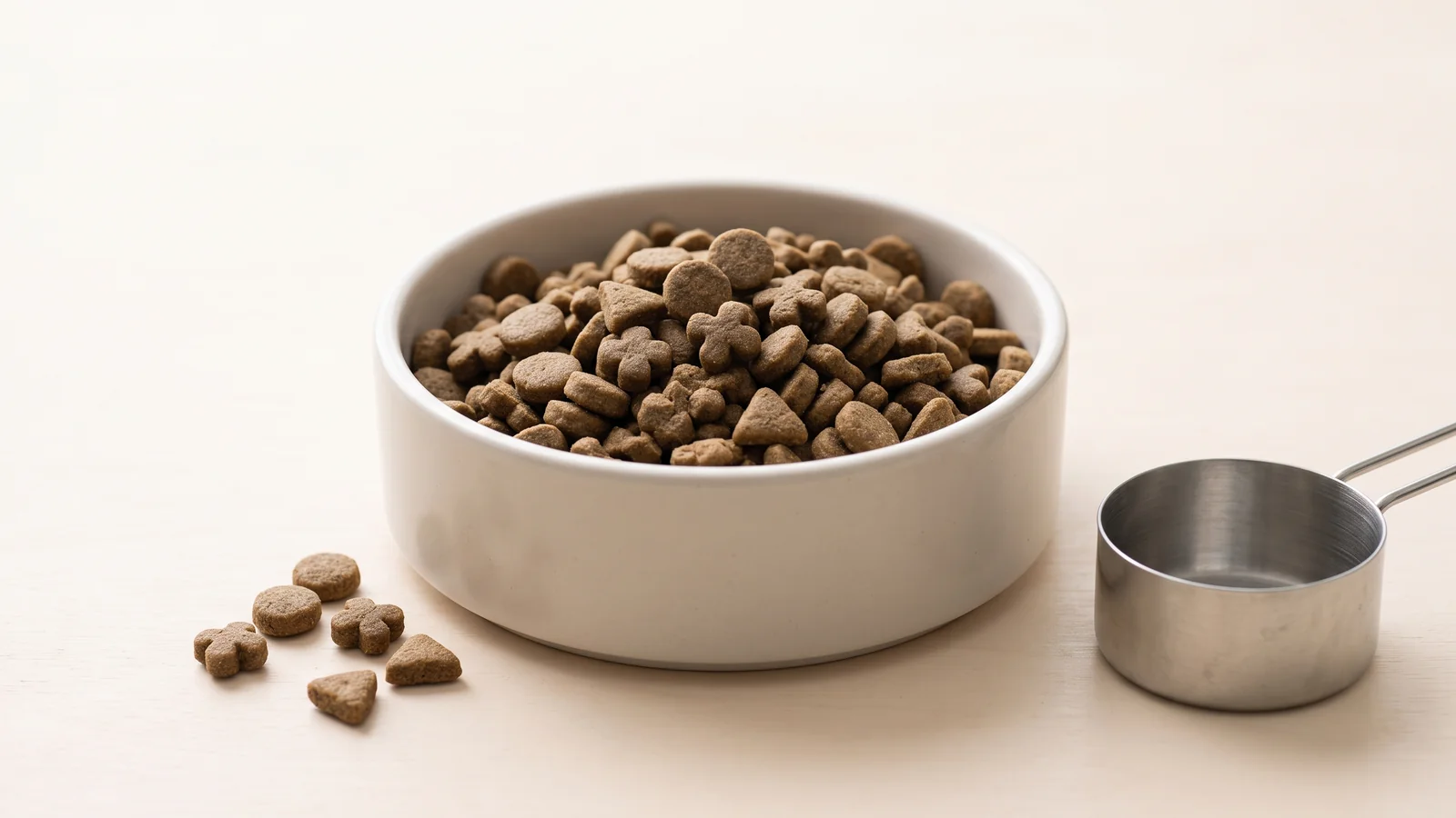 Croquetas secas industriales para perro servidas en un cuenco de cerámica, junto a una taza medidora de acero